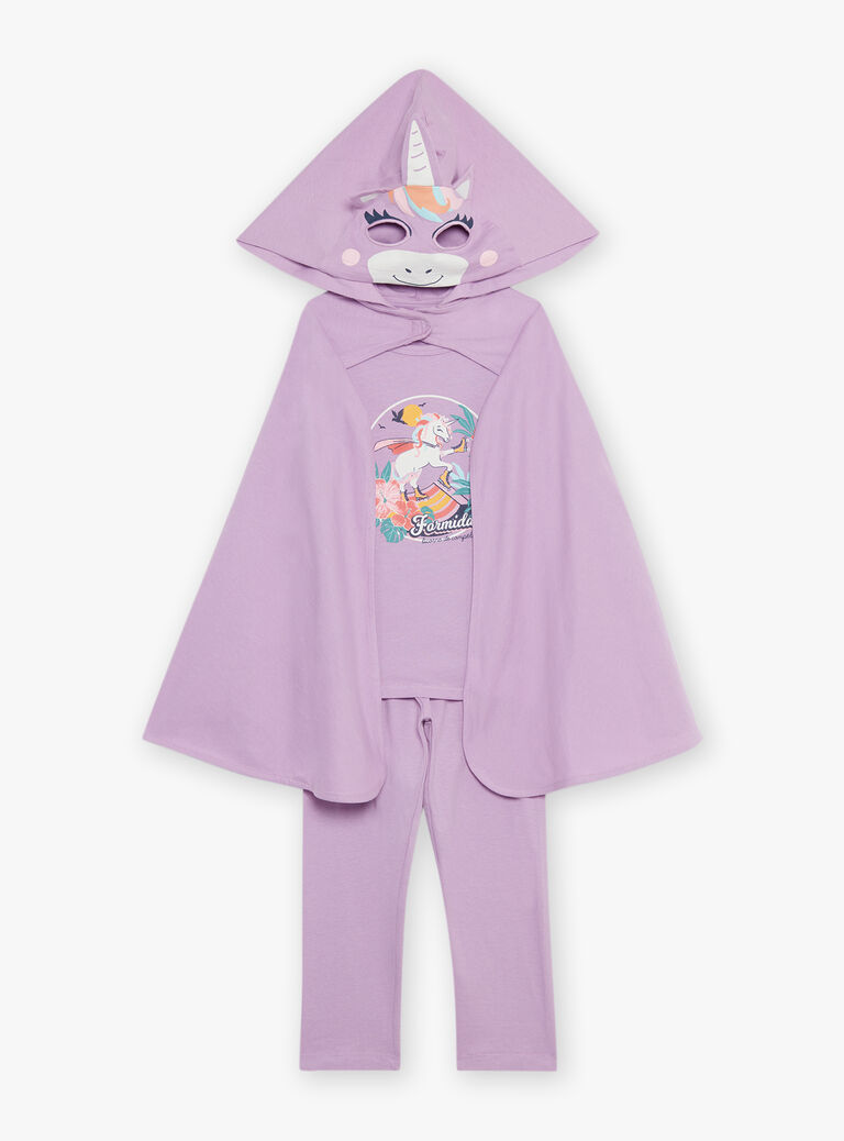Pyjama deux pièces violet pâle en coton avec cape tête de licorne