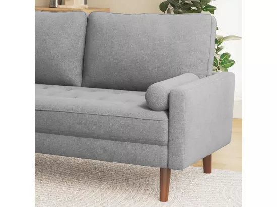 Canapé 3 places en tissu Lin gris - Scandinave - avec 2 Oreillers et Accoudoirs - Pieds bois massif - 173x77x84cm