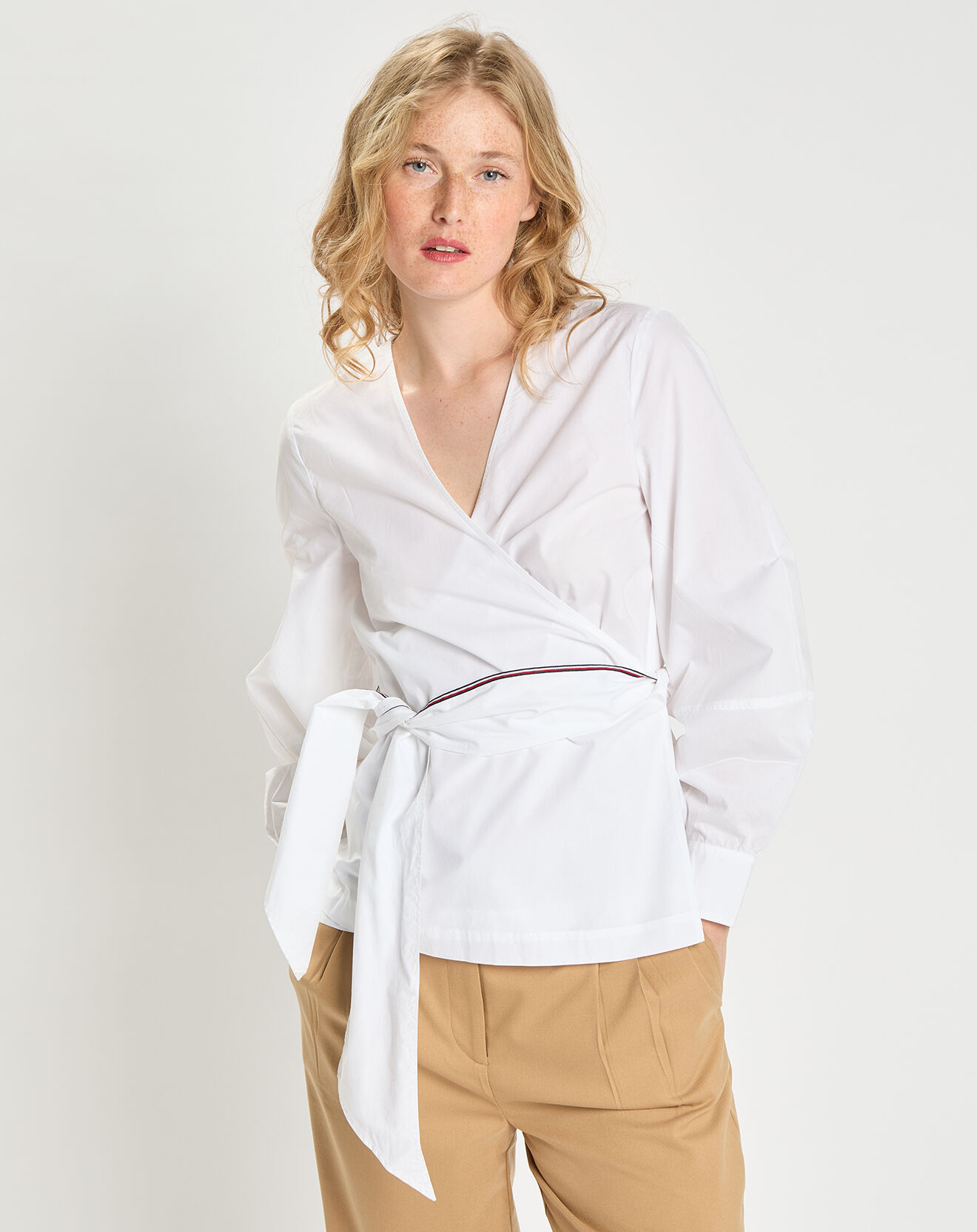 Tommy Hilfiger Blouse 100% Coton Bio Abo Stripe Wrap blanche