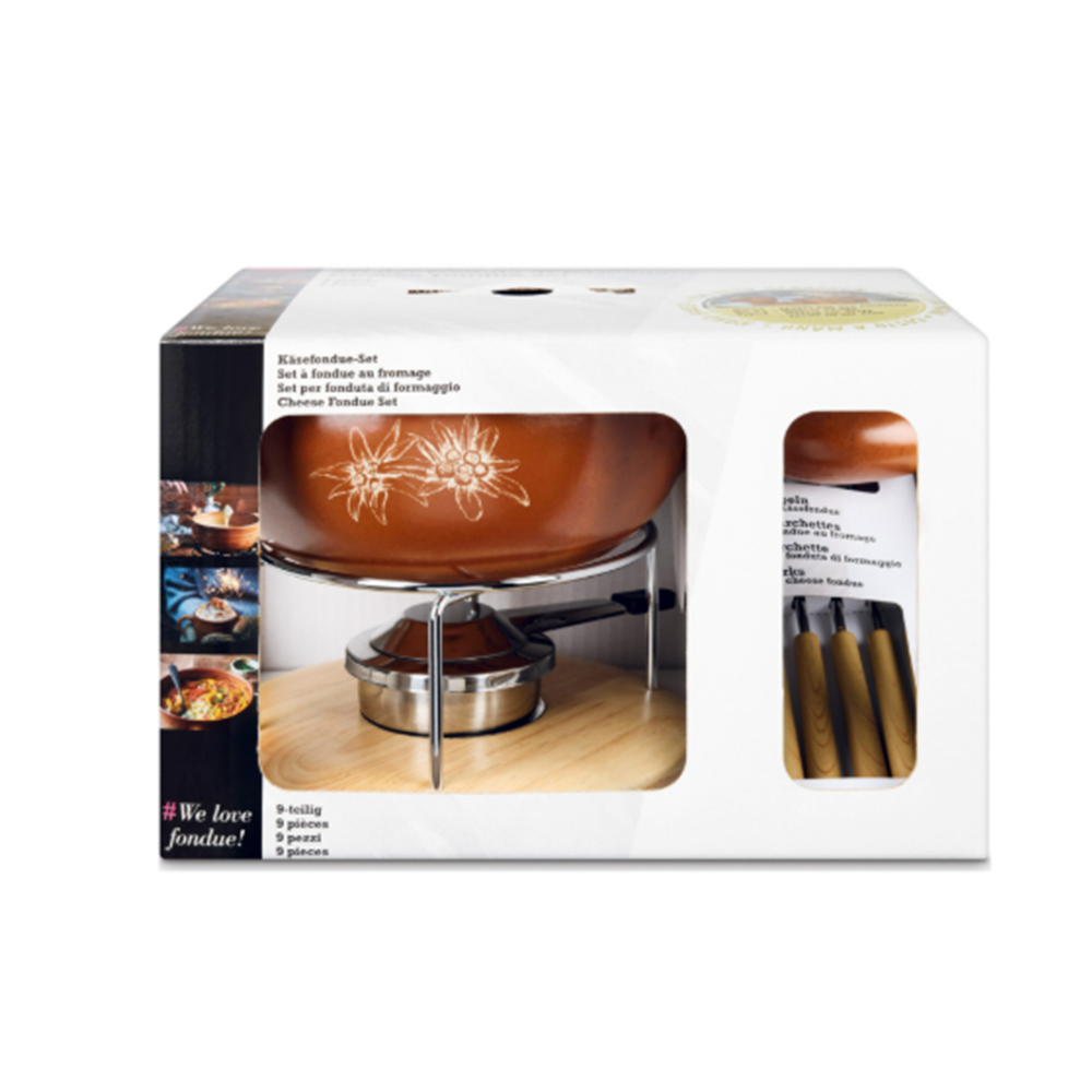 (9-tlg. Set) Ø22cm Terracotta Käsefondue Caquelon Starter Kit (404987) - Edelweiss-Duo