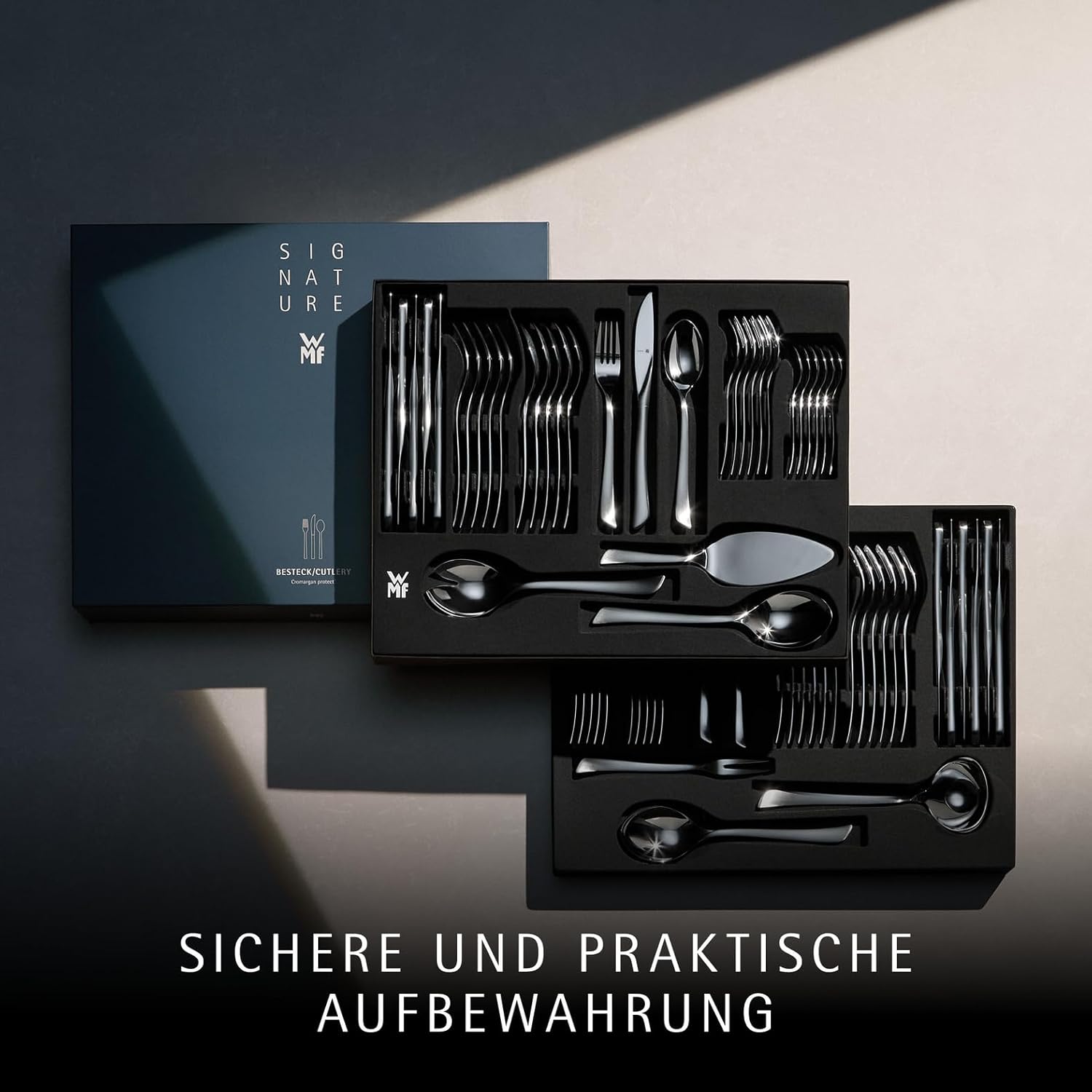 WMF Virginia Besteck Set 12 Personen, 66 teilig, 60 Teile mit Servierbesteck, Hohlheftmesser, Cromargan protect teilmattiert, kratzbeständig