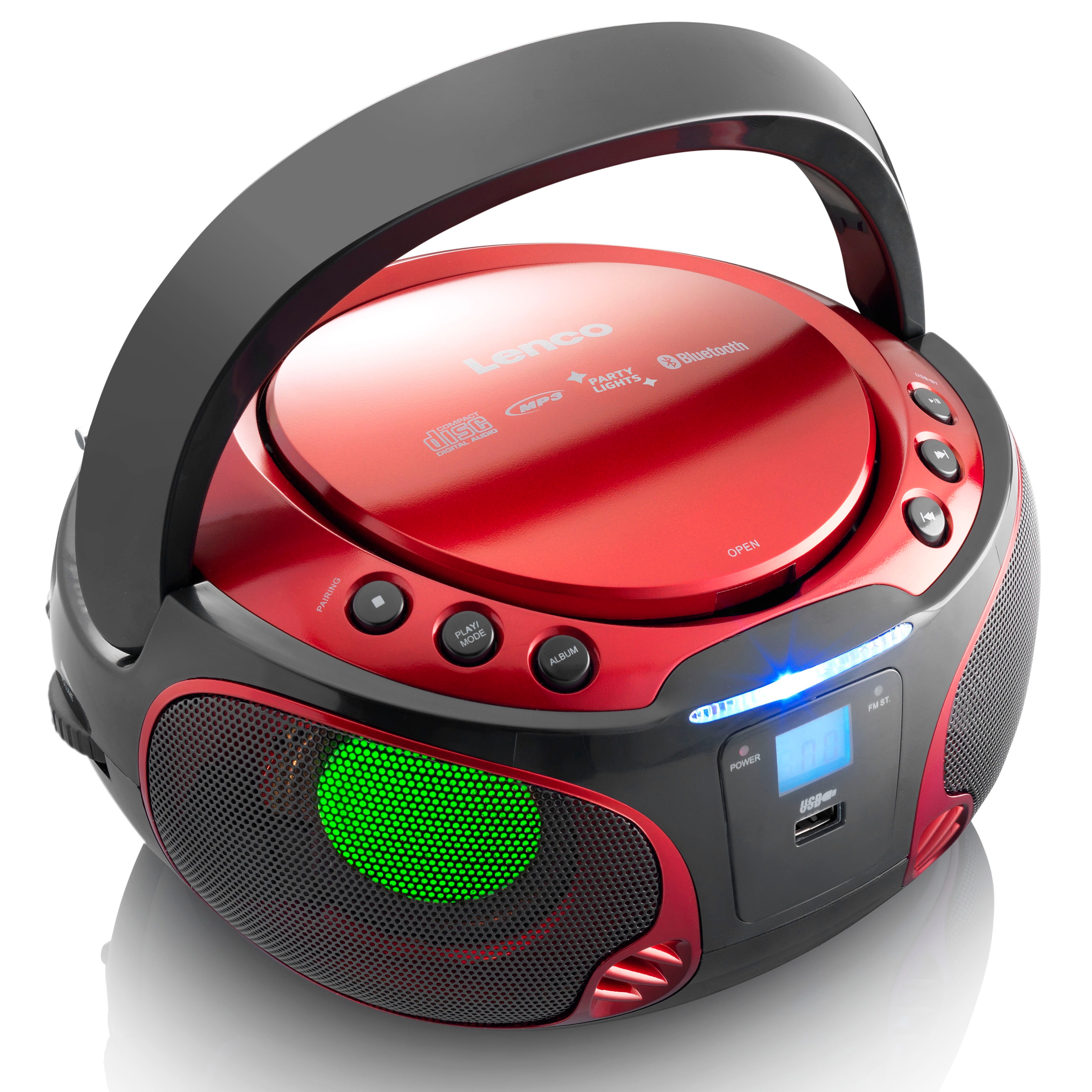 Lenco SCD-550RD - Tragbares FM-Radio mit CD/MP3-Player - Bluetooth - USB-Anschluß - Lichteffekte - Kopfhörerausgang - Rot