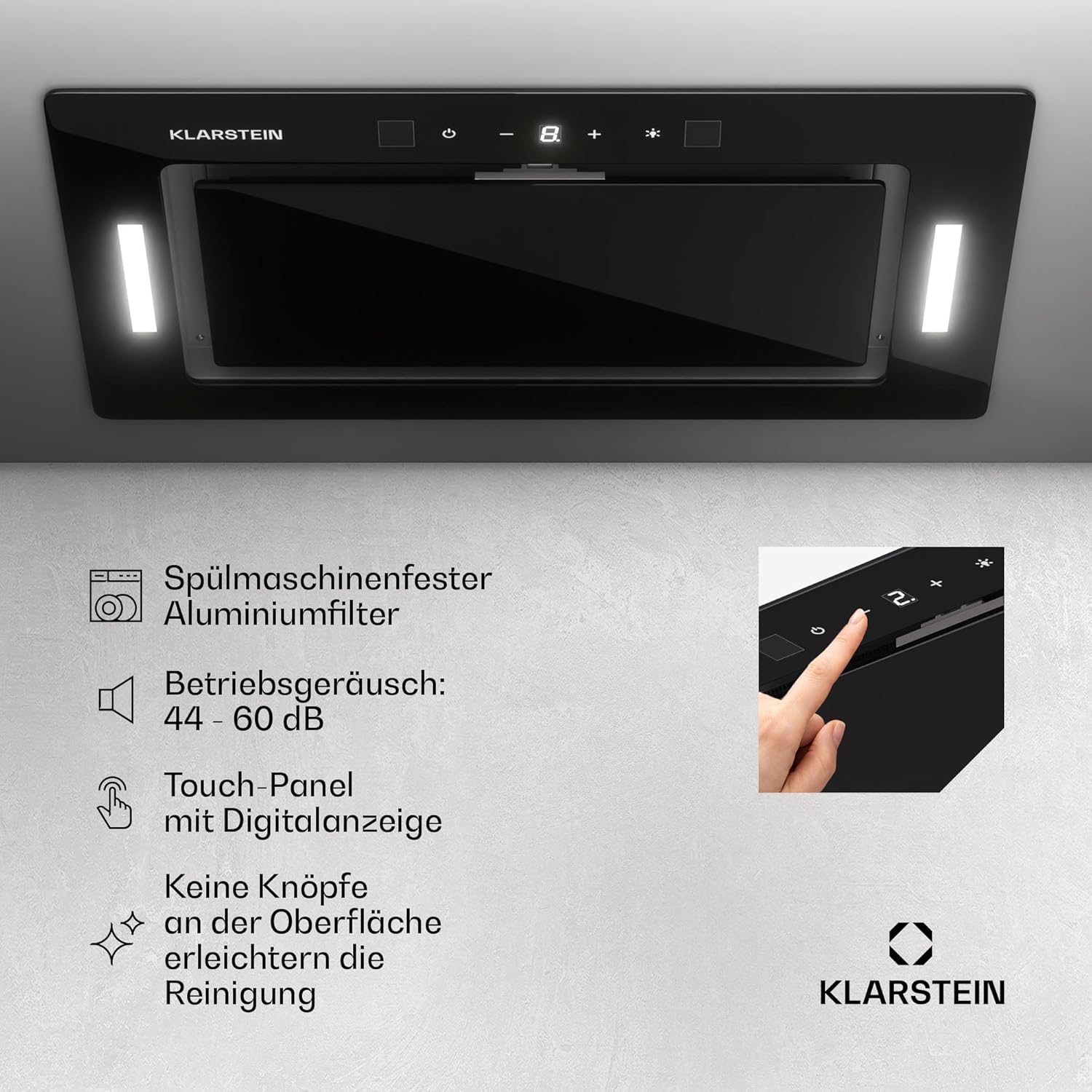 Klarstein Dunstabzugshaube, Abluft/Umluft-Dunstabzugshaube, Dunstabzug mit Filter, LED-Beleuchtung & Touch-Bedienfeld, Leise Abzugshaube mit 466 m³/h Luftstrom, Effizienter Edelstahl-Dunstabzug