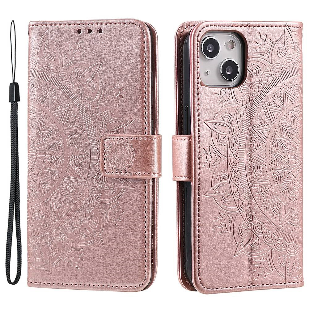 iPhone 14 Leder Tasche Wallet - Mandala Flowers Imprint - Roségold