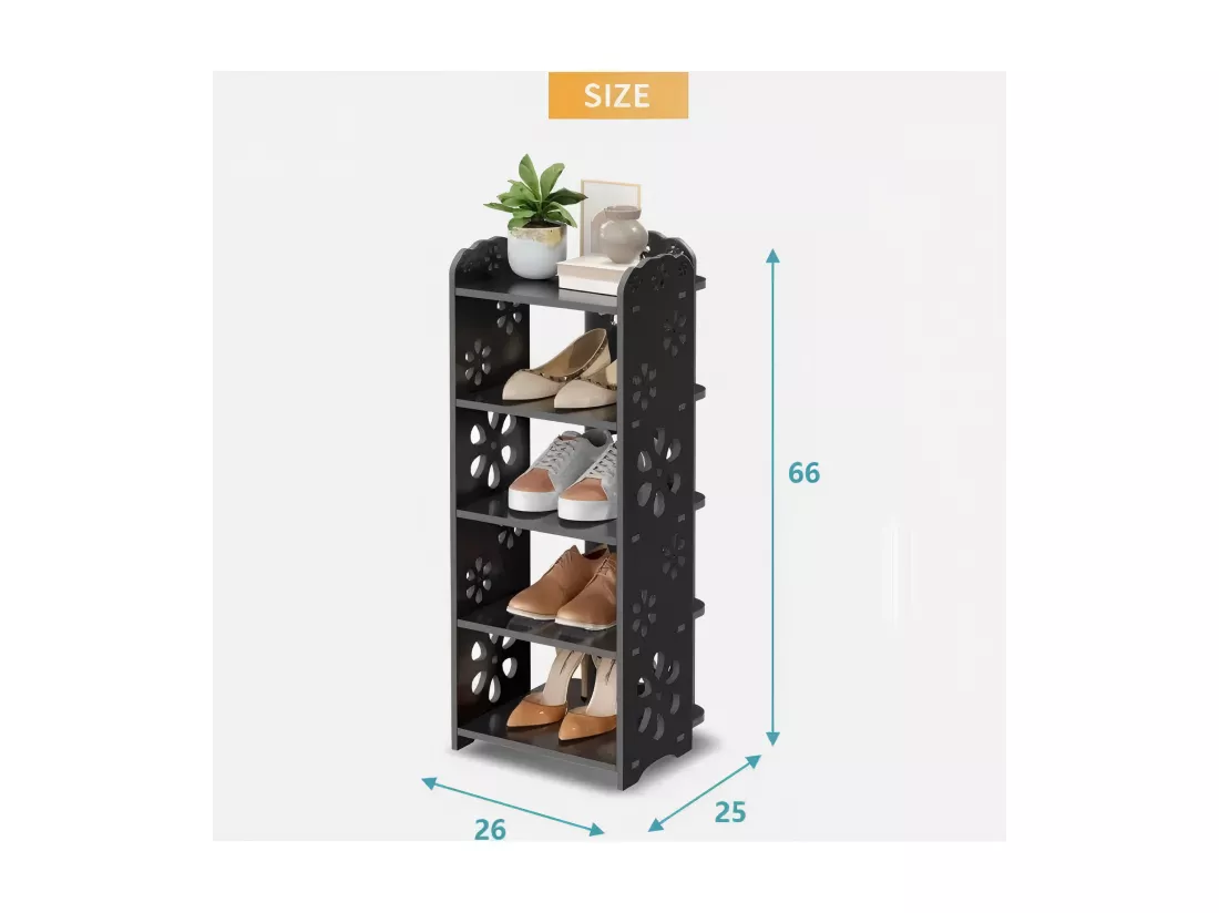 Meuble à Chaussures 5 Niveaux en Bois Plastique,Étagère de Rangement à Chaussures,Motif découpé,Déco 26x25x66CM,Noir