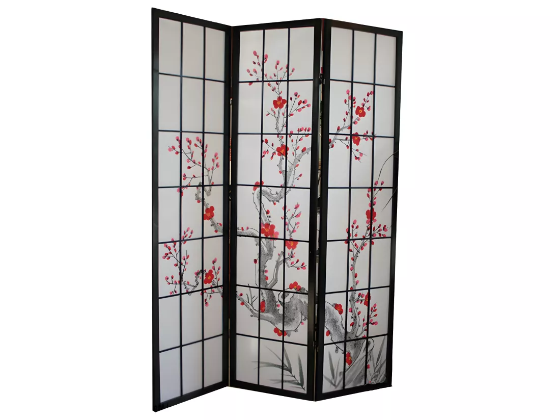 Paravent japonais fleur de cerisier en bois noir de 3 pans, L132 x H175 x P2 cm