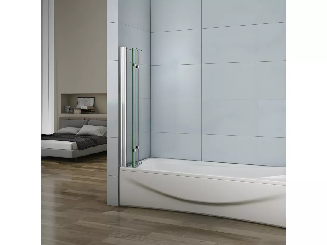 Pare-baignoire 130cm Hauteur 140cm, paroi de baignoire pivotant et pliant, 3 volets en verre anticalcaire