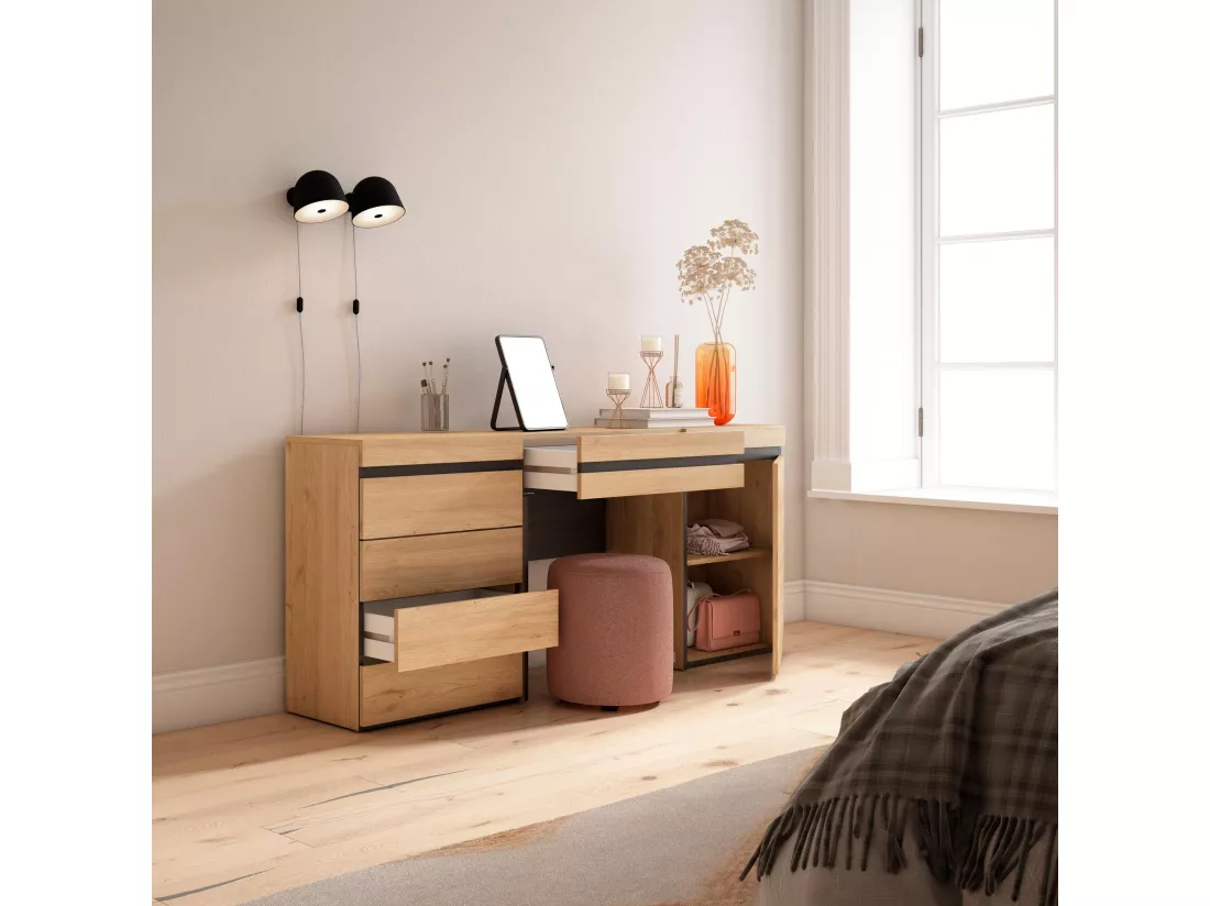 Coiffeuse, 177x35x75 cm, Avec tiroir, Commode, Buffet, Chêne