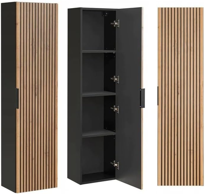 Set XO Schwarz Eiche Wotan: Unterschrank 120 cm mit 2 Schubladen + 35x140 cm Seitenschrank Hängeschrank Badschrank Badezimmerschrank Soft-Close Badmöbel-Set Geriffelte Fronten