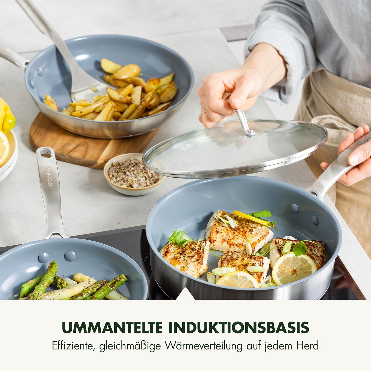 GreenPan Treviso Edelstahl Gesunde Antihaftbeschichtung aus Keramik 10-teiliges Kochgeschirr-Set, inkl. Bratpfannen, Sautierpfanne, PFAS-frei, Induktion, backofenfest, spülmaschinenfest, Silber