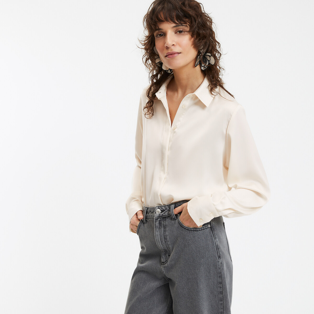 COLEÇÃO LA REDOUTE<br>Camisa fluida de cetim, mangas compridas