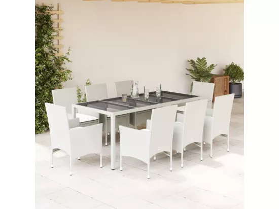 Ensemble à manger de jardin et coussins 9 pièces blanc rotin verre