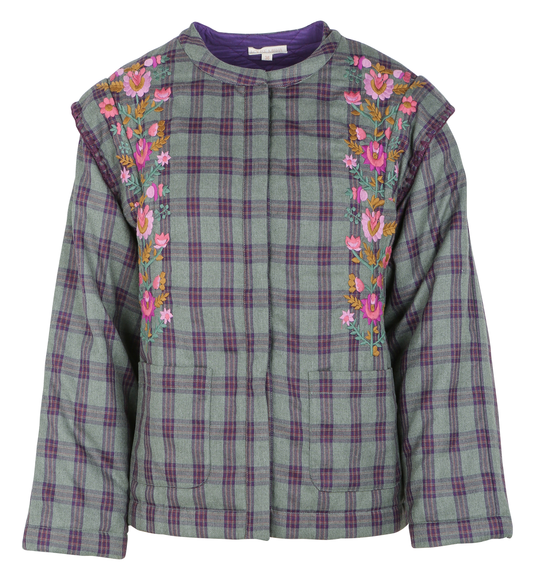 MAURA - Veste col rond brodée à imprimé tartan | Kaki