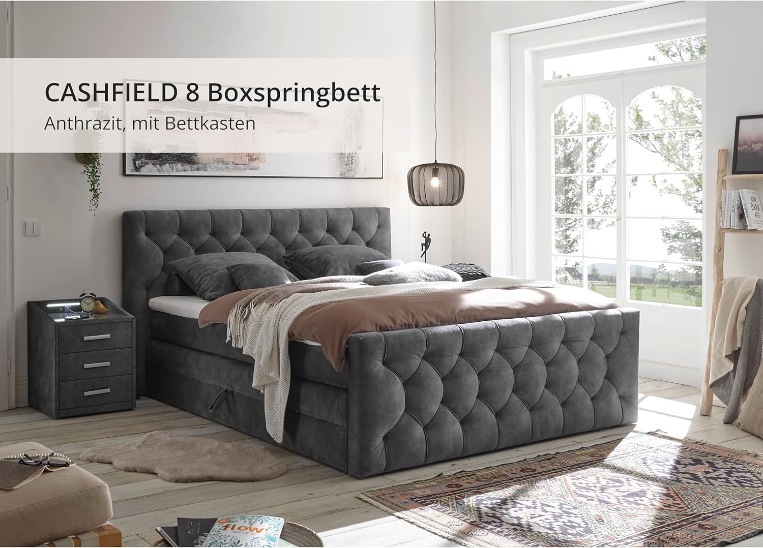 CASHFIELD 8 Boxspringbett mit Bettkasten 180x200, Anthrazit - Bequemes Doppelbett mit 7-Zonen-Federkern Matratze & Kaltschaum Topper mit Klimaband - 200 x 113 x 225 cm (B/H/T)