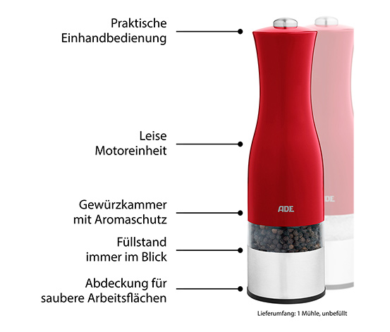 Elektrische Salz-und-Pfeffermühle mit Beleuchtung, rot