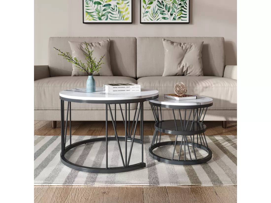 Lot de 2 tables basses rondes modernes avec structure en marbre pour salon, salle de réception, balcon et bureau - Structure en métal - 70 x 70 x 45 cm - Noir - 70 x 70 x 45 cm
