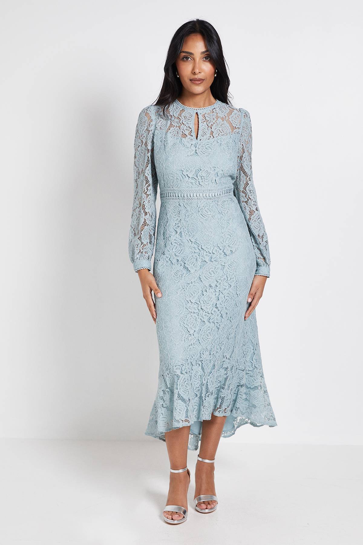 Wallis Robe Midi En Dentelle À Col Montant Avec Volants Pour Petite Taille