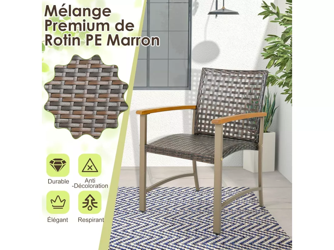 Lot de 4 Chaises de Jardin Empliables en Rotin, Fauteuil d'Extérieur avec Accoudoirs en Bois d'Acacia et Structure Métallique Robuste, pour Balcon, Cour, Bord de Piscine, Charge 180 KG