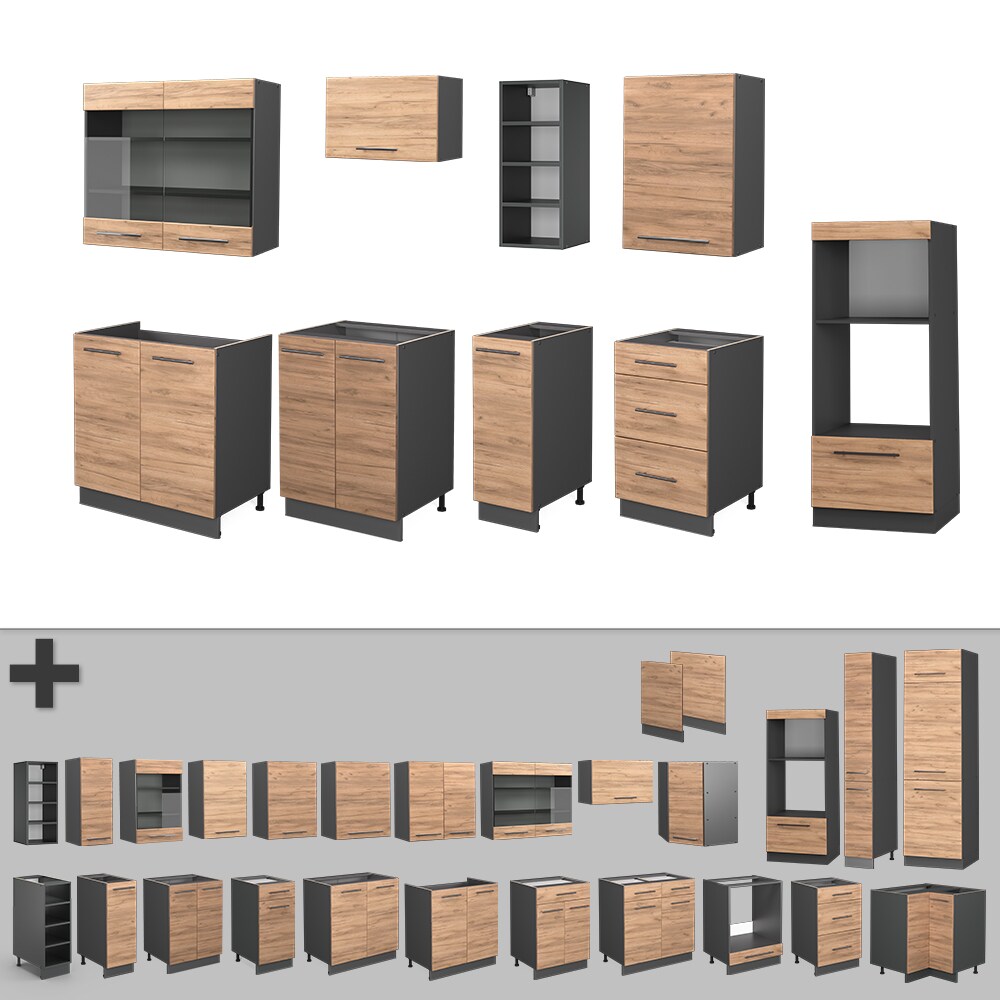 Vicco Küchenzeile Küchenblock Einbauküche Fame-Line Anthrazit Eiche 280cm modern Küchen Schränke Spülenunterschrank Unterschrank Schubunterschrank Hängeschrank Mikrowellenschrank Apothekerunterschrank