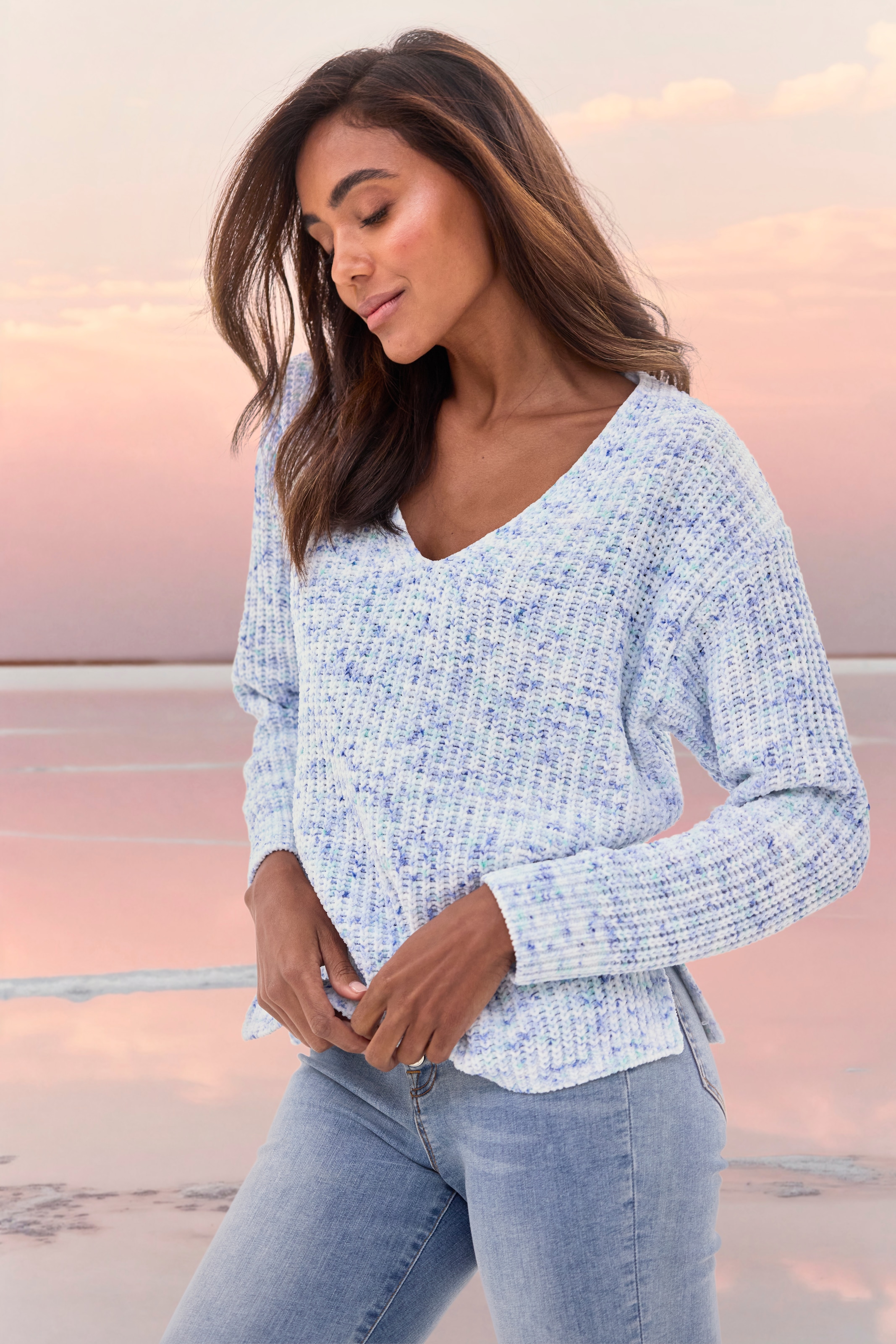 Buffalo V-Ausschnitt-Pullover , aus weichem Chenille, Strickpullover, kuschelig weich, Pastell
