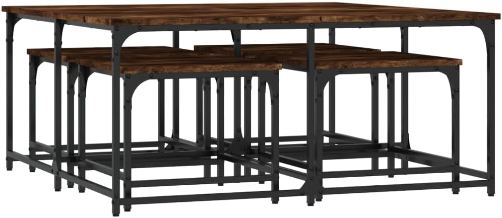 5-Piece Nesting Coffee Table Set, Smoked Oak Engineered Wood, Industrial Design, Space Saving Living Room Tables, Versatile Center Table for Small Apartments, Bedroom, Office Use