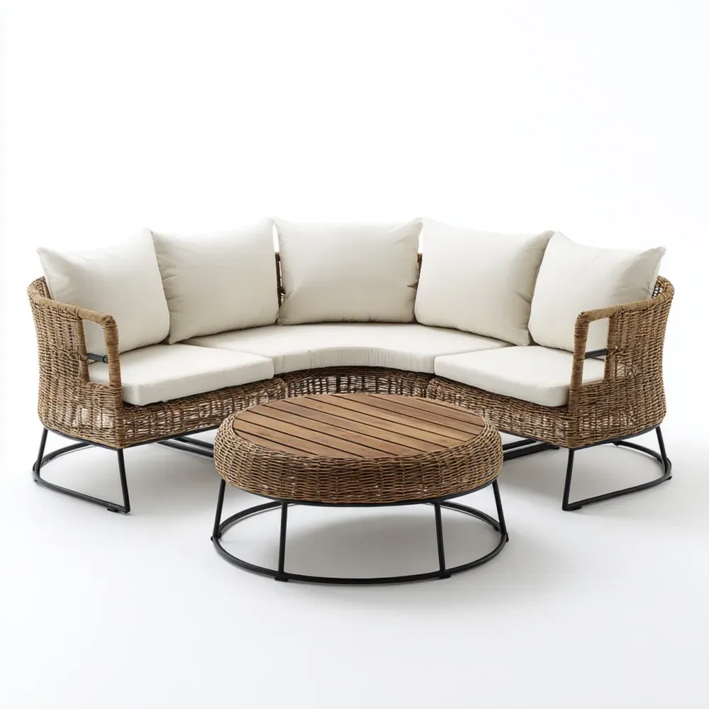 Outdoor Rattan Ecksofa Set mit Tisch – Beige/Natur