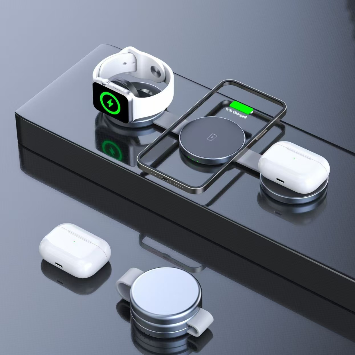 (15W) 3in1 MagSafe Qi Wireless Charger Ladegerät Faltbare Ladestation - Silber