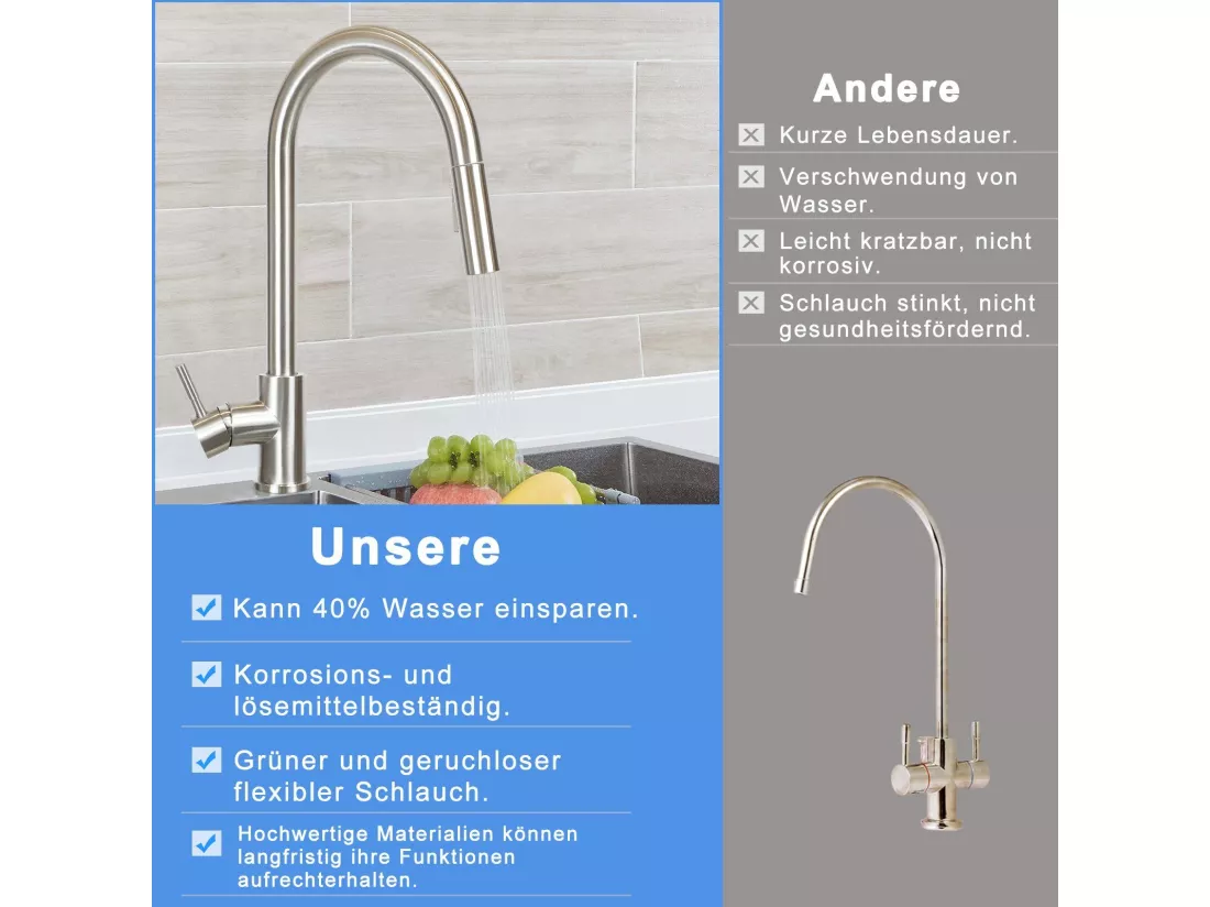 NETTLIFE Robinet de cuisine avec pomme de douche extensible, à haute pression, en acier inoxydable à jet double et pivotant à 360 °, Nickel