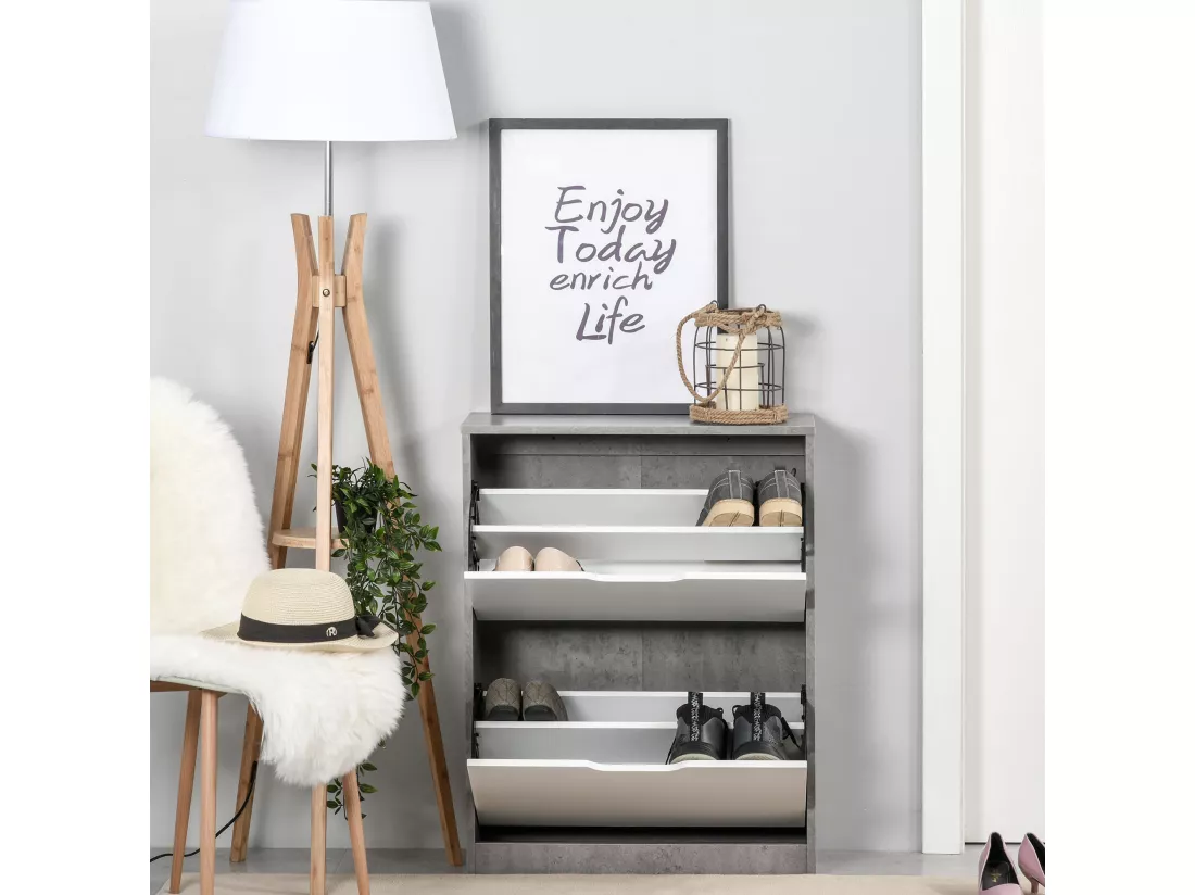 Armoire à chaussures meuble à chaussures dim. 62L x 26l x 81H cm 2 portes abattantes blanc effet béton ciré