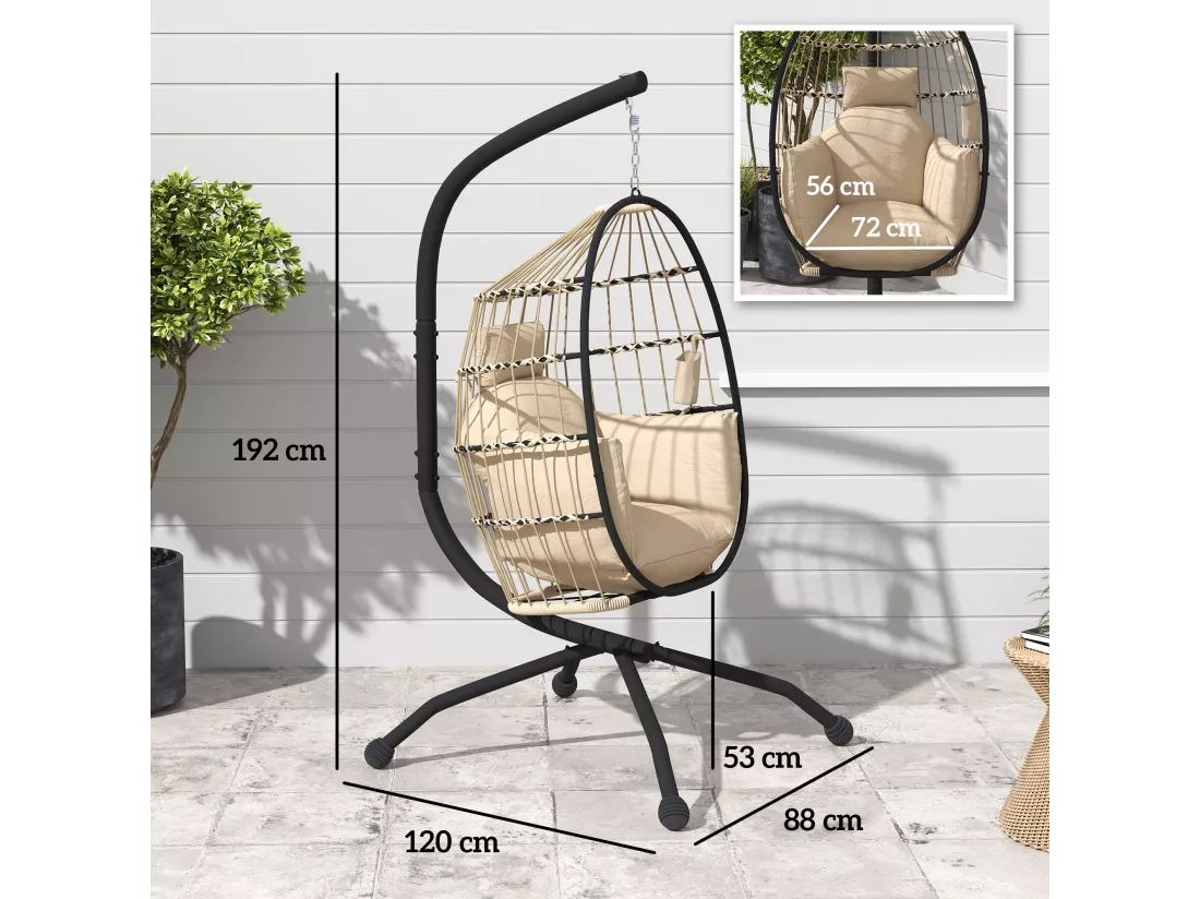 Fauteuil suspendu - fauteuil oeuf suspendu - panier pliable - épais coussin - porte-gobelet - acier noir résine tissu kaki