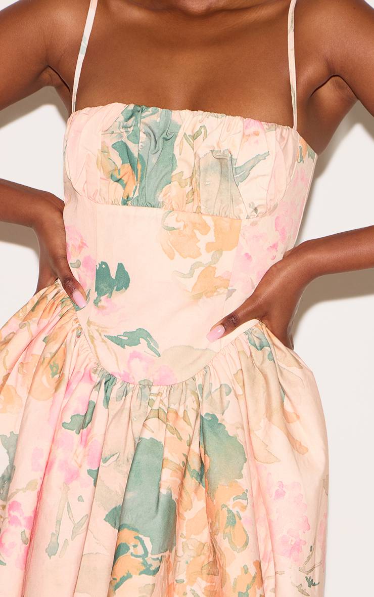 Rose Robe Mi-longue À Bretelles Avec Bustier Froncé À Corset Et Imprimé Floral Abstrait