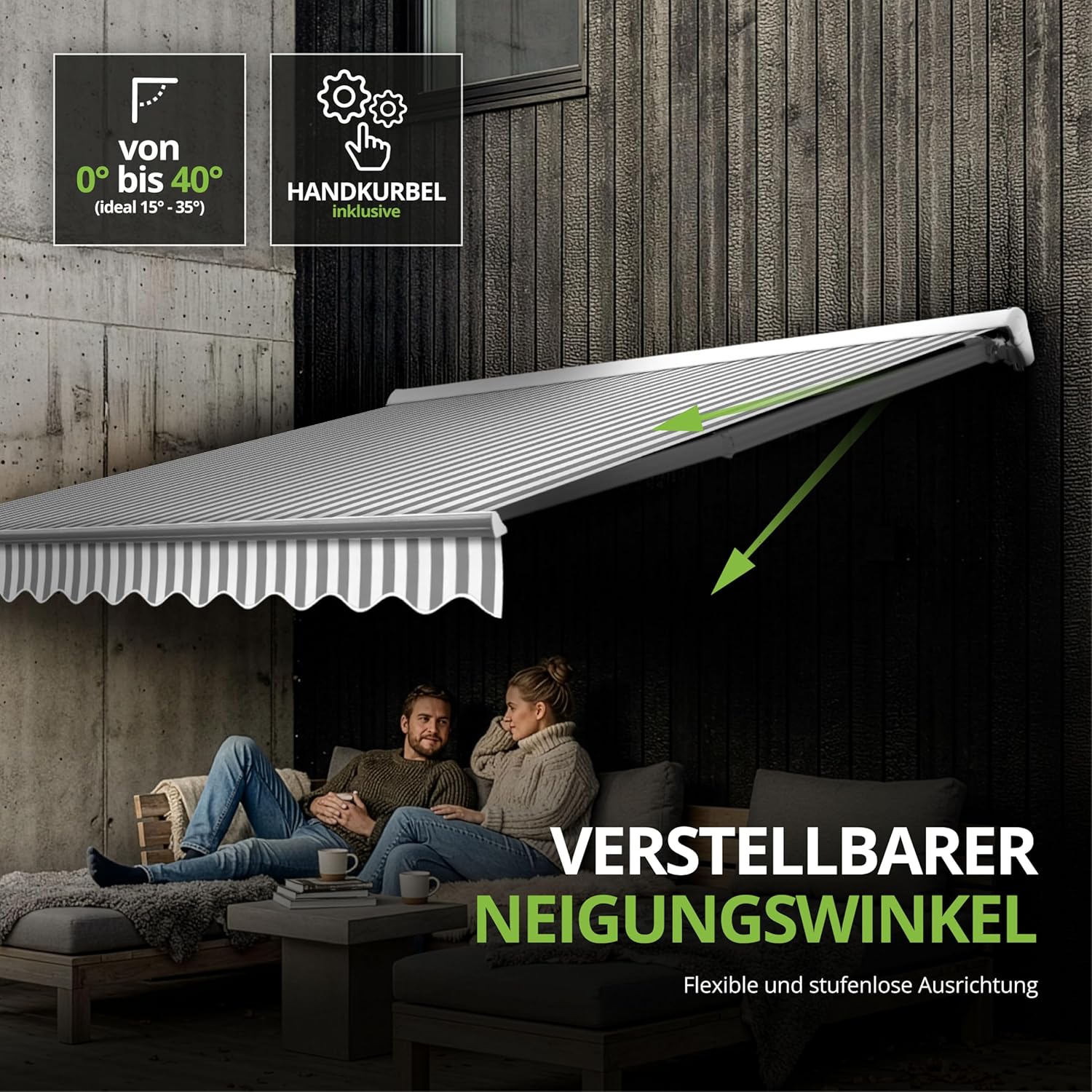 Eclipse Kassettenmarkise Halbkassette Gelenkarm Sonnenschutz Markise Sonnenmarkise Balkonmarkise manuell Standard' 3,5x3m Stoff 280g/m² Polyester (PE) UV-Schutz 50+, Markisentuchfarbe:Grau-Weiß