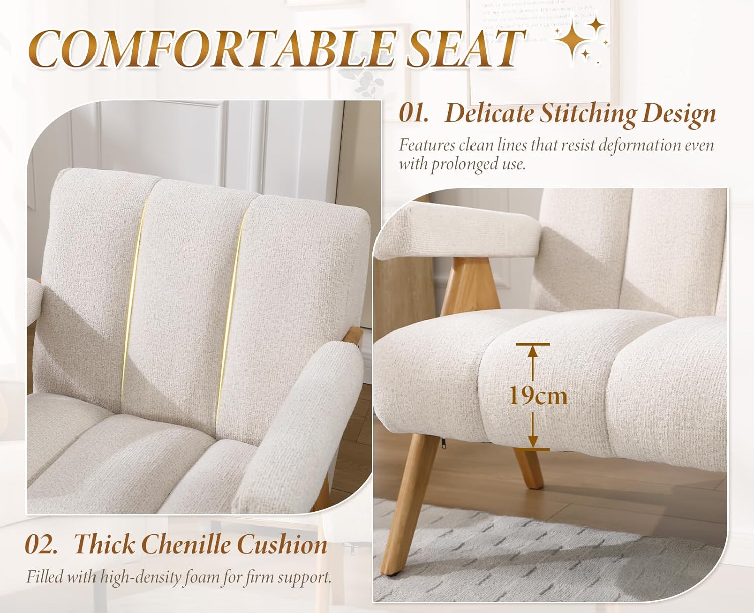 chairus Armlehnensessel Chenille Loungesessel für Wohnzimmer Sessel Modern Polsterstuhl mit Holzbeinen Relaxsessel Schlafzimmer, Weiß