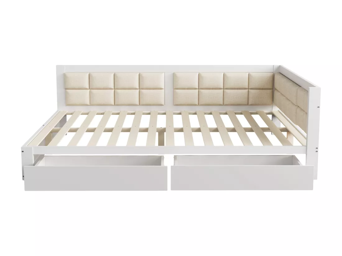 Lit banquette rembourré 140x200cm - avec 2 tiroirs et sommier à lattes - Blanc