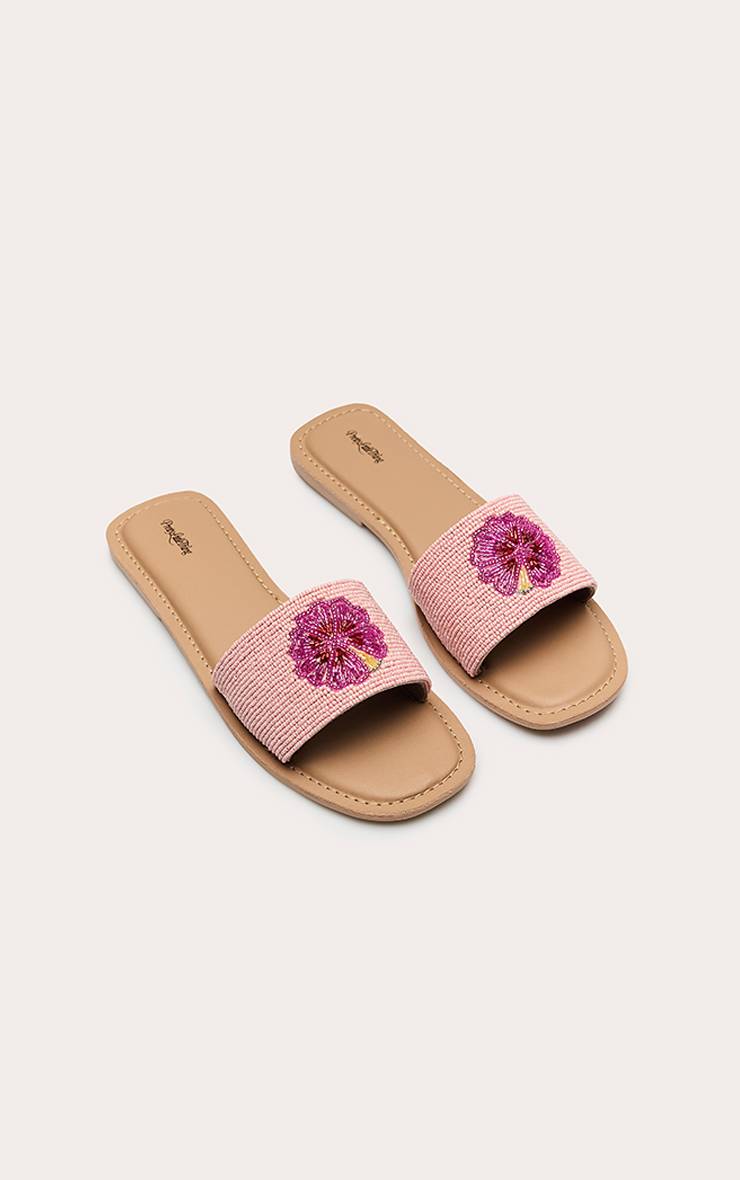 Rose Sandales Mules Plates Ornées De Fleurs D'hibiscus