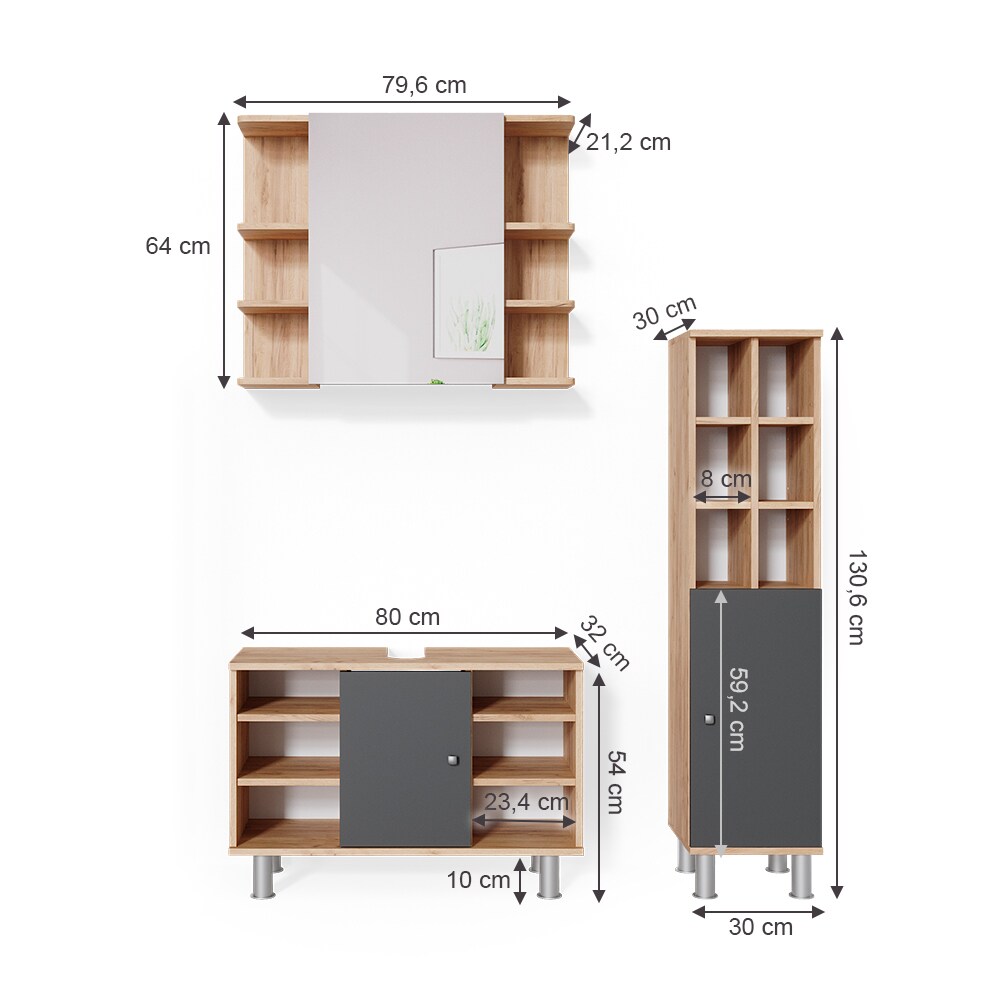 Vicco Badmöbel Set Fynn Spiegelschrank Waschbeckenunterschrank Hochschrank Bad