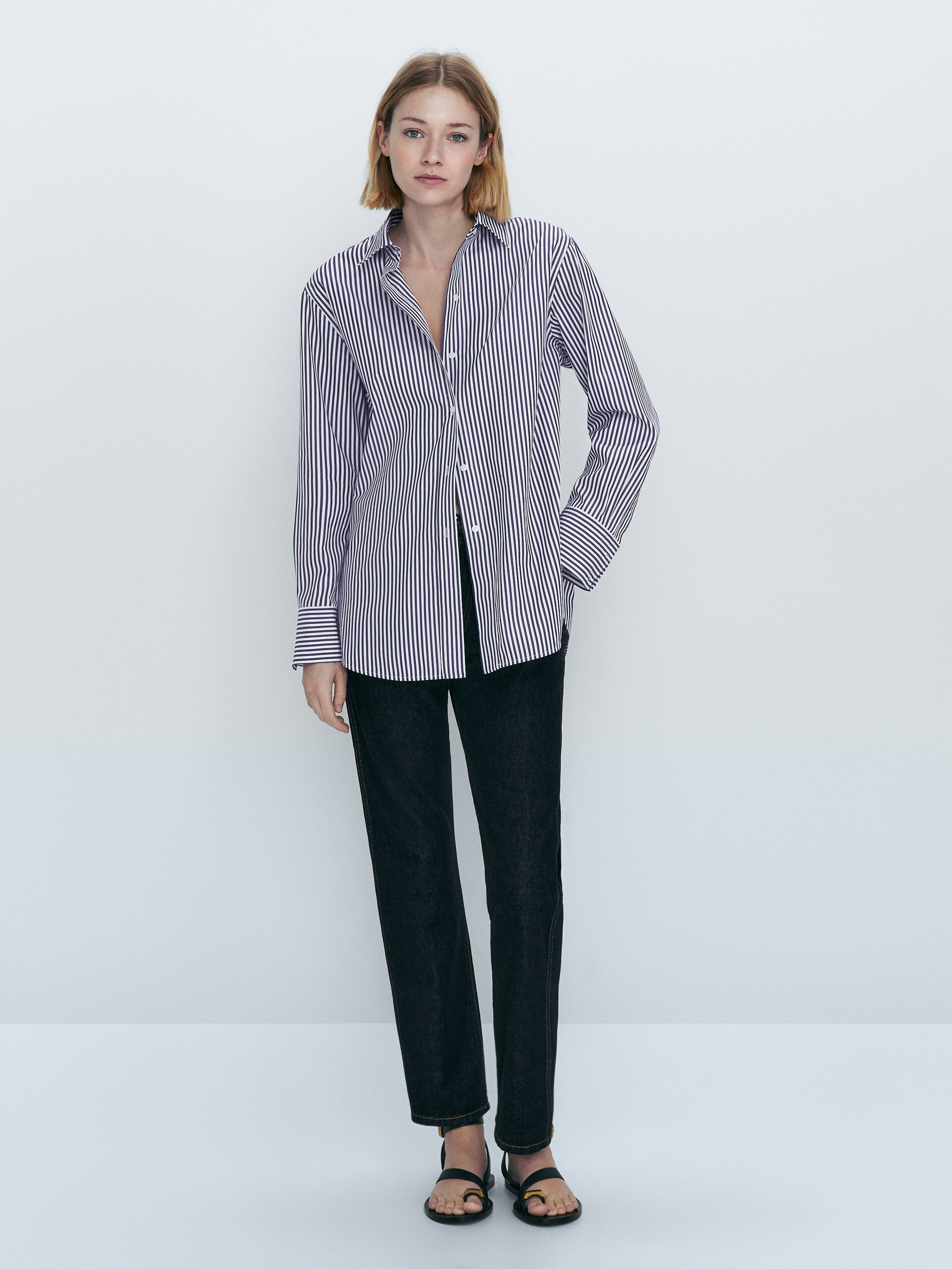 Camisa listrada de algodão popeline - AZUL MARINHO