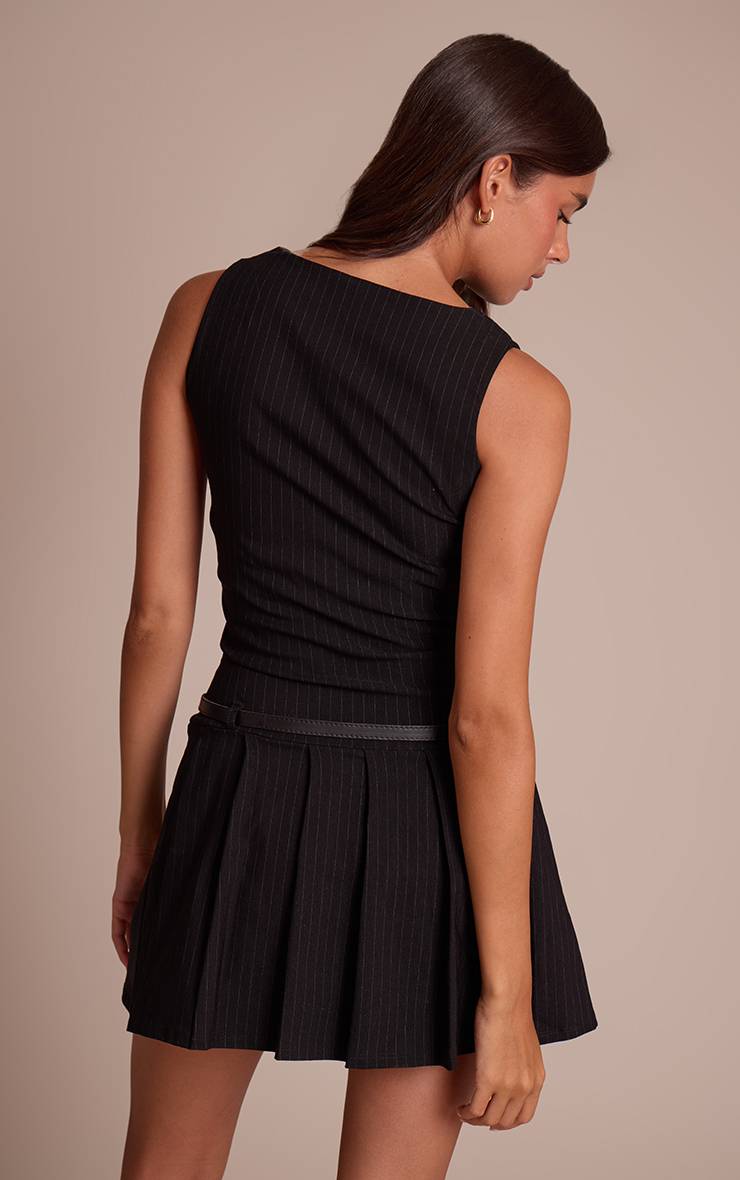 Noir Robe Droite Ceinturée À Rayures Tennis En Tissu Stretch Et Col Bateau
