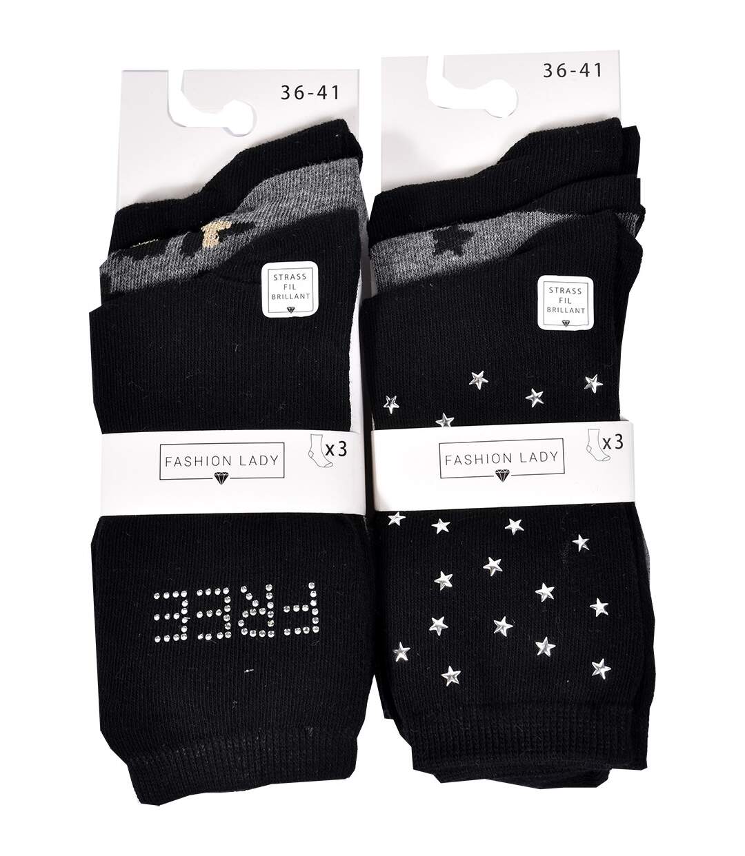 Chaussettes femme FASHION LADY Qualité et Confort-Assortiment modèles photos selon arrivages- Pack de 6 Paires Strass FASHION LADY