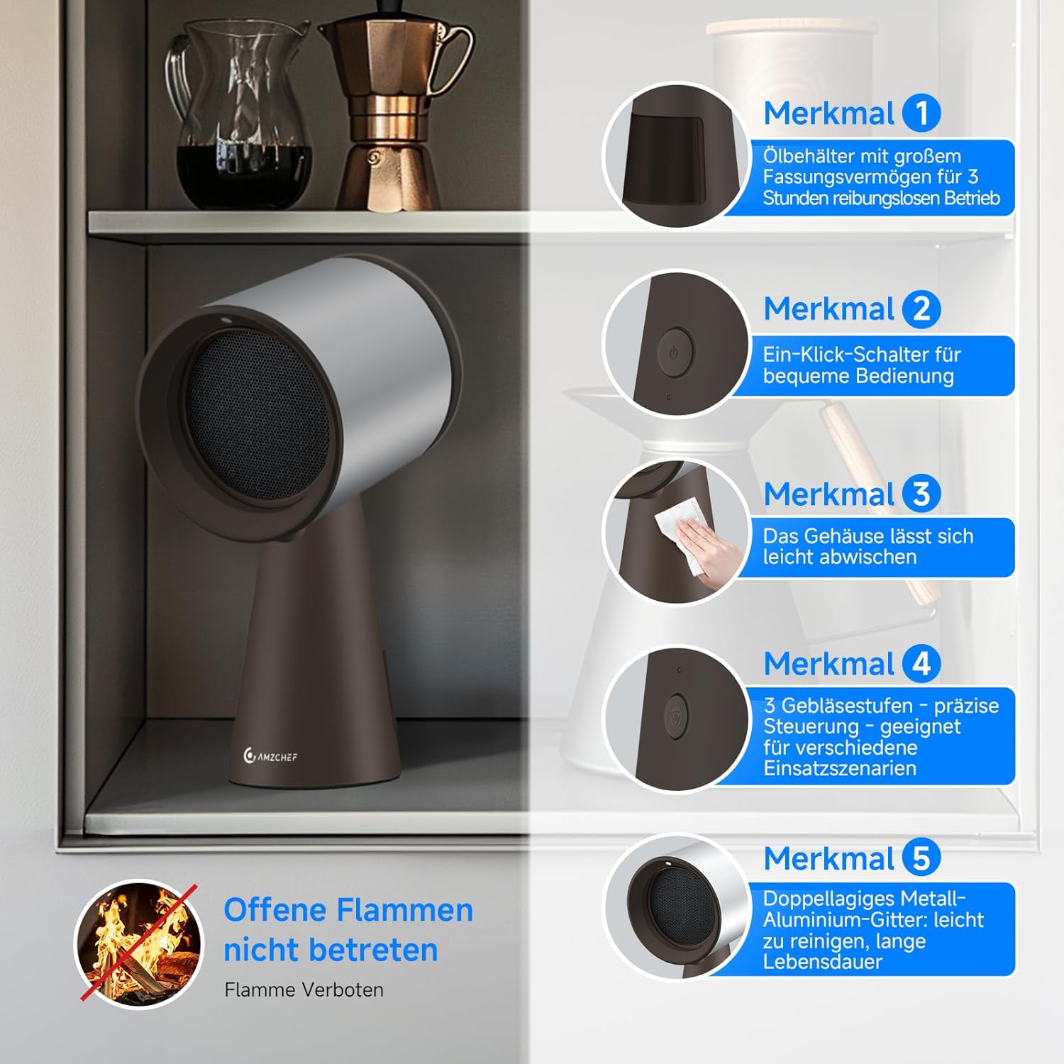 AMZCHEF Mobile Dunstabzugshaube, Tragbare Abzugshaube Keine Installation mit 3 Geschwindigkeitsmodi und Mehrere Filtersysteme, LED-Licht, Große Öl-Auffangschale, Geräuscharmut(Braun)
