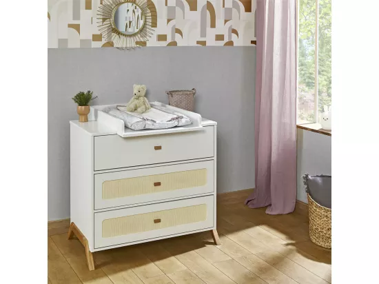 Commode à langer 3 tiroirs panneaux de fibres blanc et bois AZU
