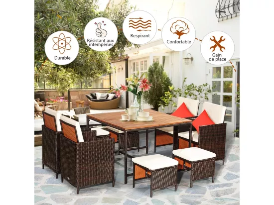 Salon de Jardin 9 Pièces, Ensemble Meuble de Terrasse avec Coussins et Repose-Pieds et Table en Rotin et fibre naturelle PE pour Véranda, Patio, Jardin, Terrasse, Piscine(Blanc)