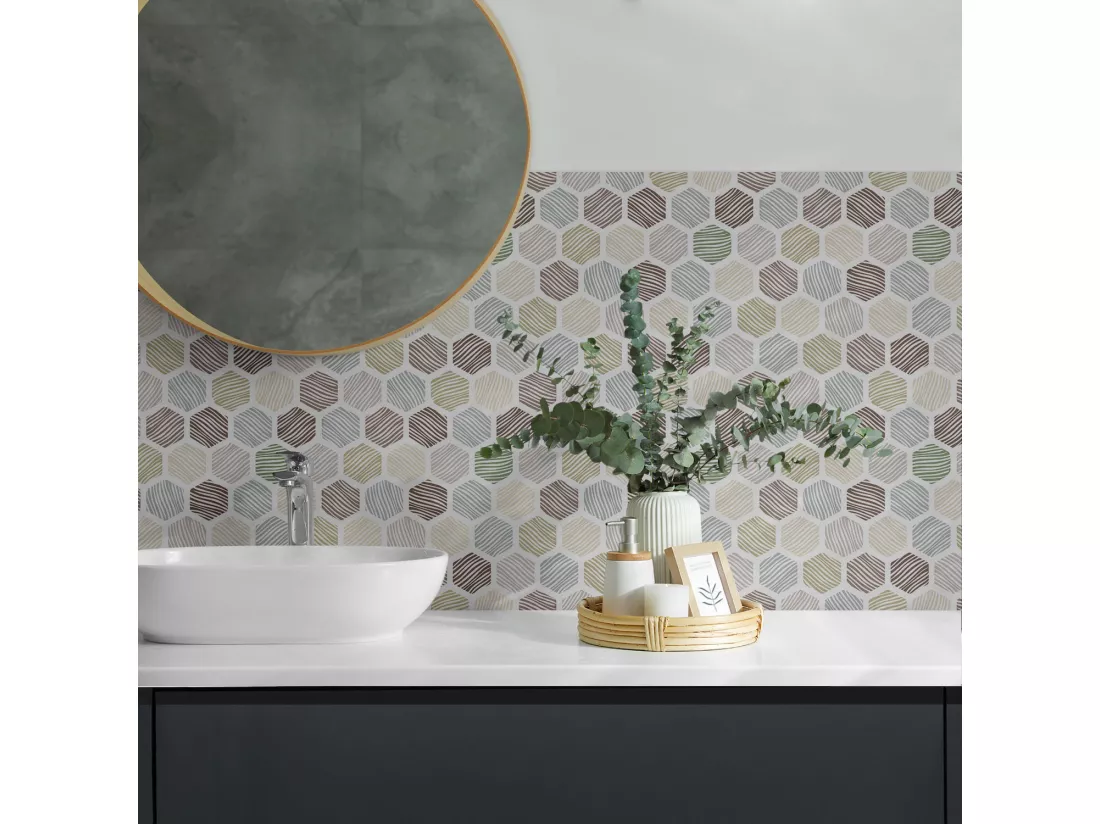 Carreaux autocollants PVC, Carrelage PVC adhésif - 9x30x30 - Modèle hexagonal avec des lignes