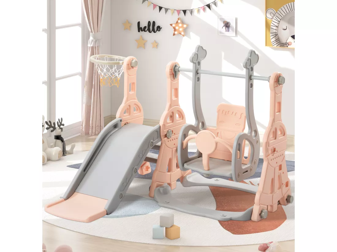 Toboggan 4 en 1 pour enfants - 140 x 118 x 102cm - en HDPE - avec balançoire et support de basket-ball - Rose