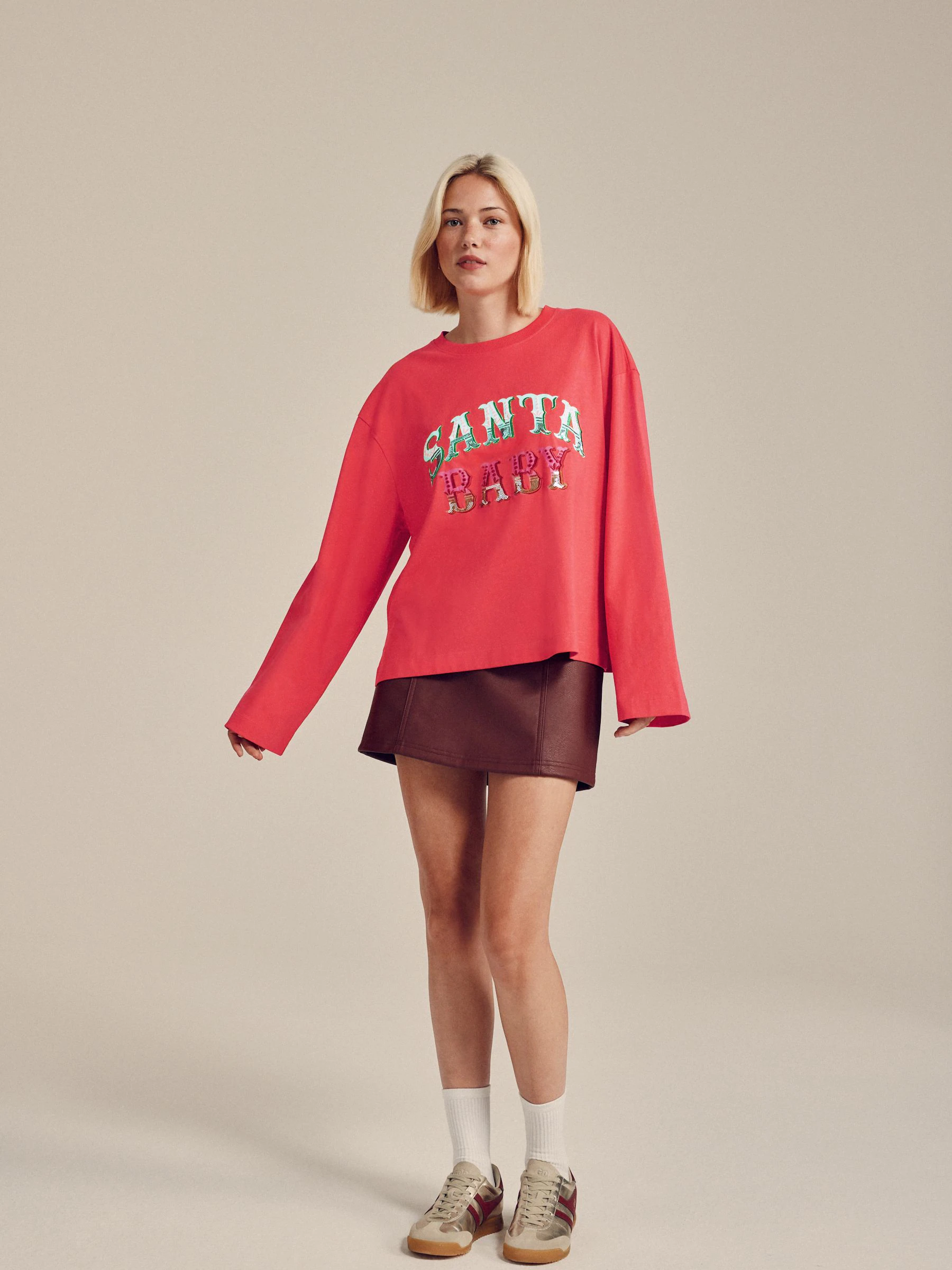 Rood - Kerstmis Santa Baby Top met Lange Mouwen en Ronde Hals
