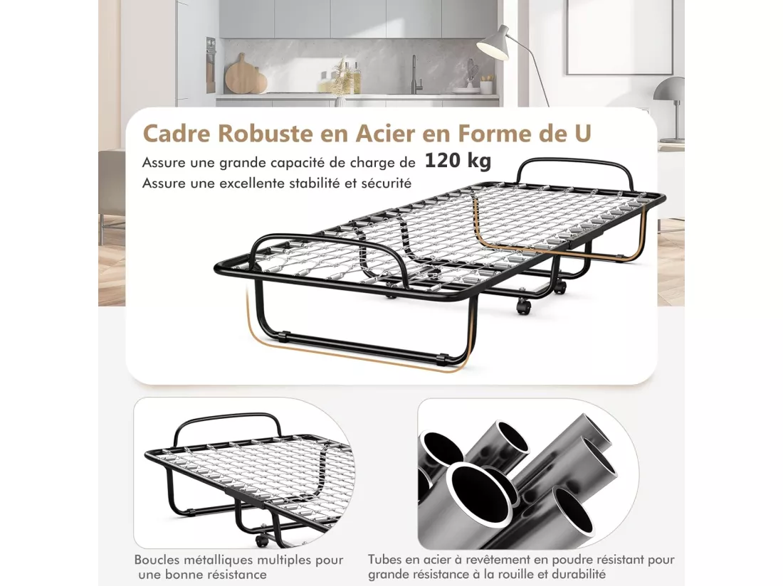 Lit Pliant 1 Personne Adulte 80 x 190 cm avec Matelas Orthopédique en Mémoire 10 cm, Charge 120 kg, Lit d’Appoint Pliable à 4 roulettes et Sommier en Métal pour invités, Blanc