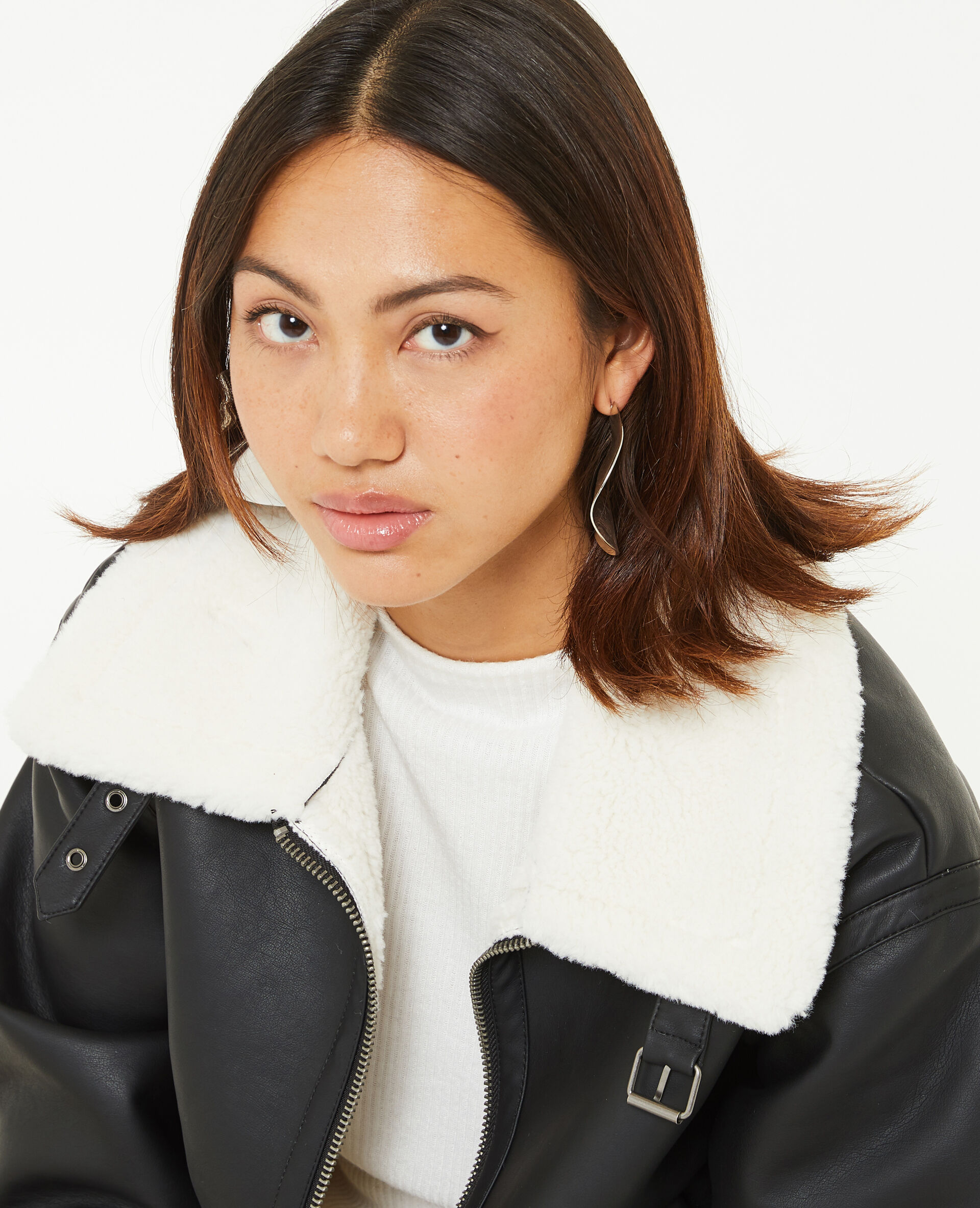 Blouson façon bombardier en simili cuir - Noir