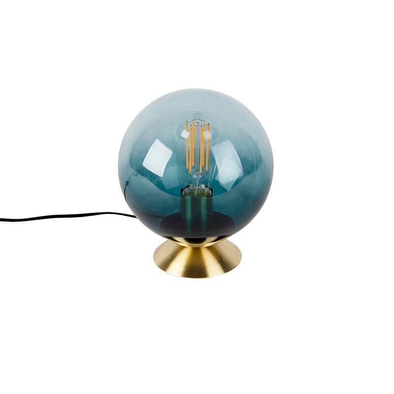Art deco tafellamp messing met oceaanblauw glas - Pallon