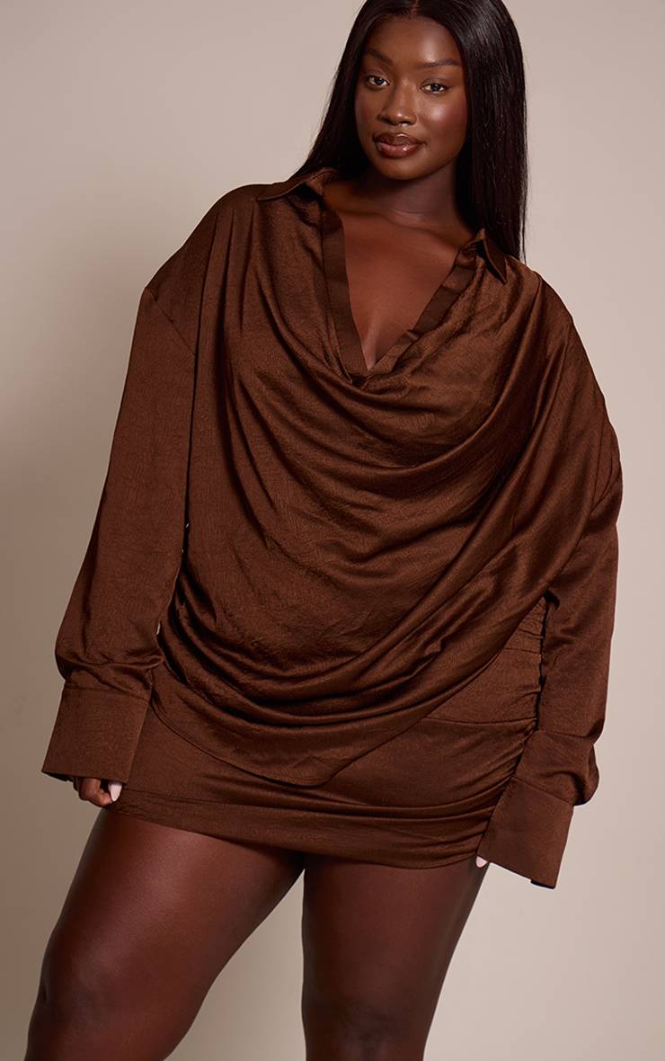 Marron Chemise Grande Taille Satinée Texturée À Décolleté Plongeant