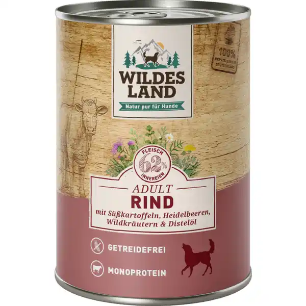 Hundefutter Nr. 5 Rind mit Süßkartoffeln, Heidelbeeren, Wildkräutern und Distelöl